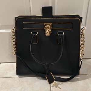 Michael Kors Hamilton Saffiano Leather Tote - Black with Gold Trim
